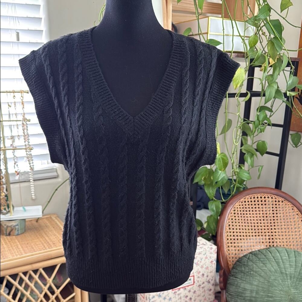 Cupcakes and Cashmere Black Cable Knit Pullover Classic Boho Preppy Sweater Vest